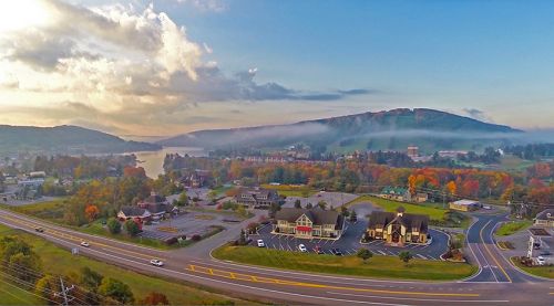 Drone view of a Fall morning at Deep Creek Lake, Maryland